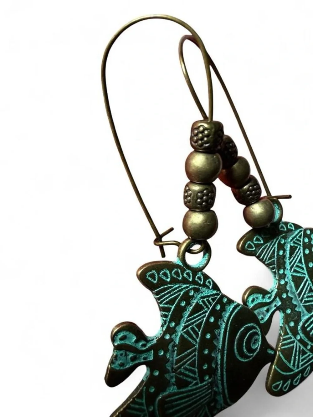 Handmade Verdigris Shell & Turquoise Drop Earrings - Boho Coastal Western - Picture 6 of 6